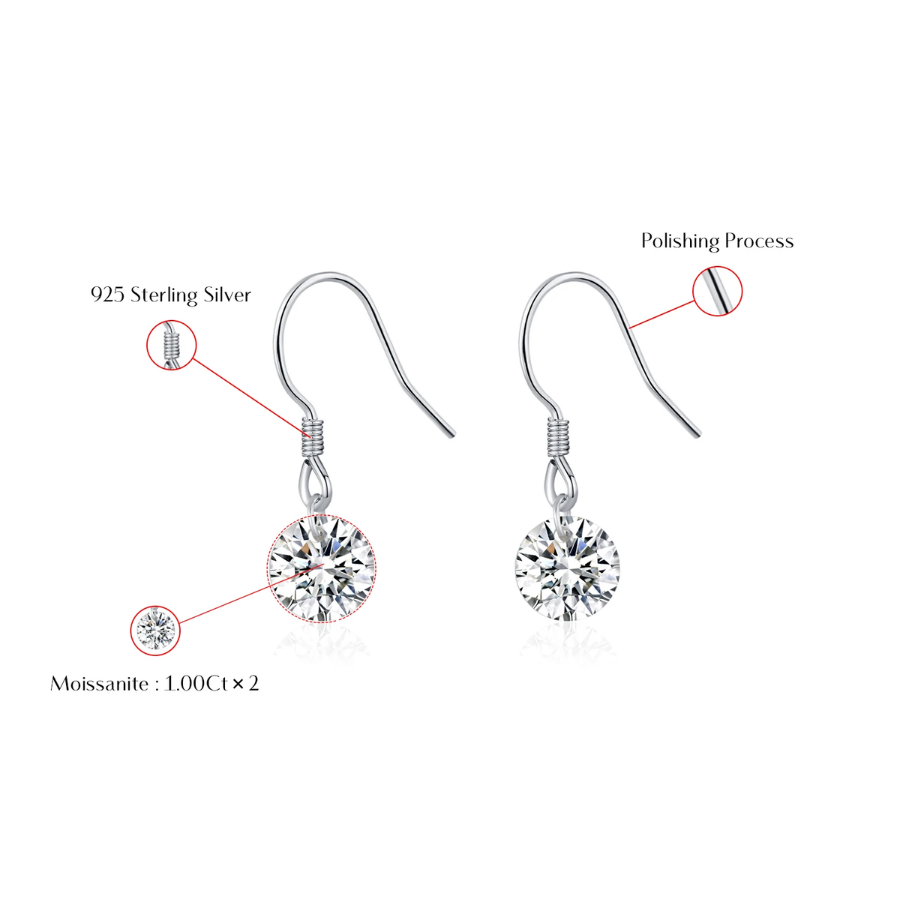 1CT D Color Moissanite Hook Earrings – 925 Sterling Silver