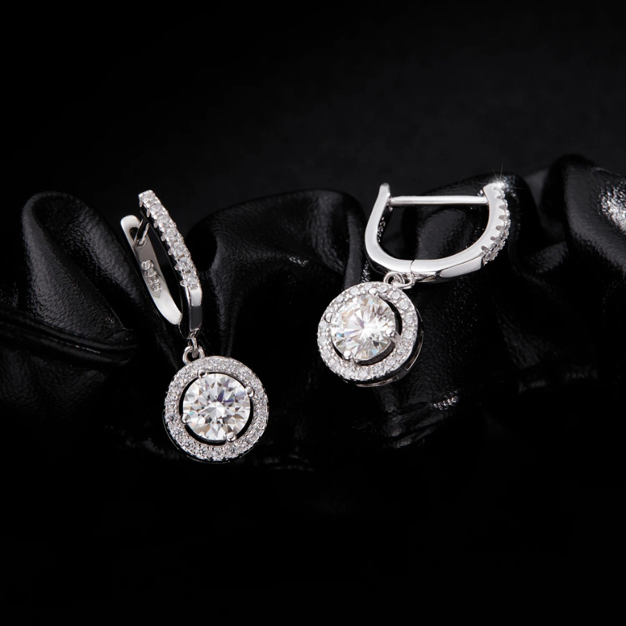D Color Moissanite Halo Drop Earrings – 925 Sterling Silver