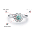 Green Teal Moissanite Halo Ring – 925 Sterling Silver