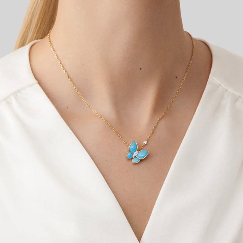18K Celestial Two Butterfly Pendant with Diamond & Turquoise Necklace