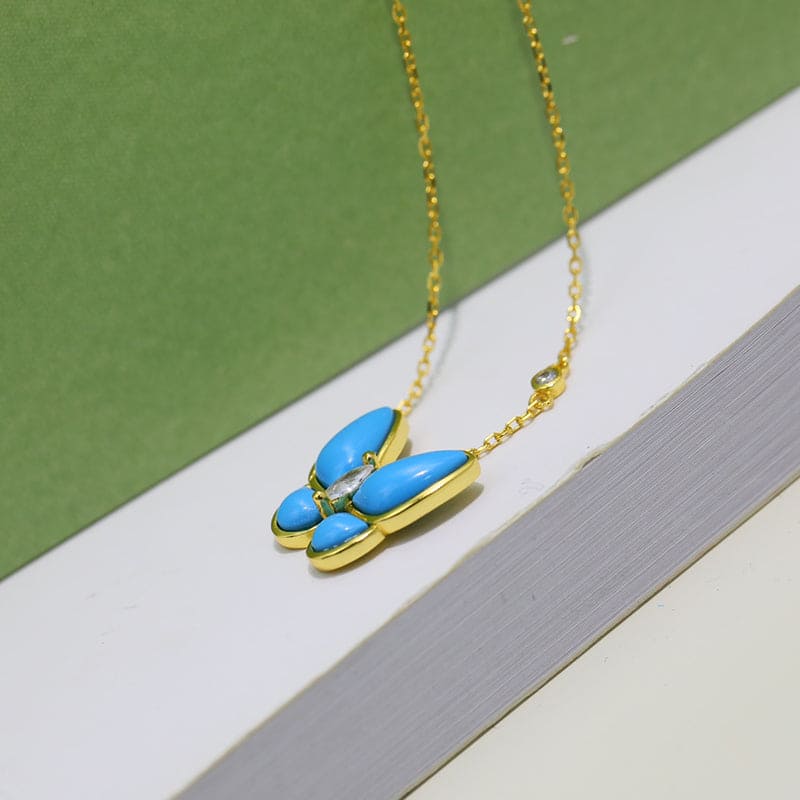 18K Celestial Two Butterfly Pendant with Diamond & Turquoise Necklace