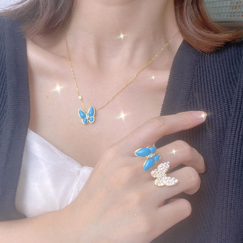 18K Celestial Two Butterfly Pendant with Diamond & Turquoise Necklace