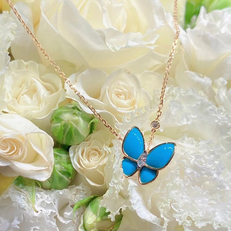 18K Celestial Two Butterfly Pendant with Diamond & Turquoise Necklace