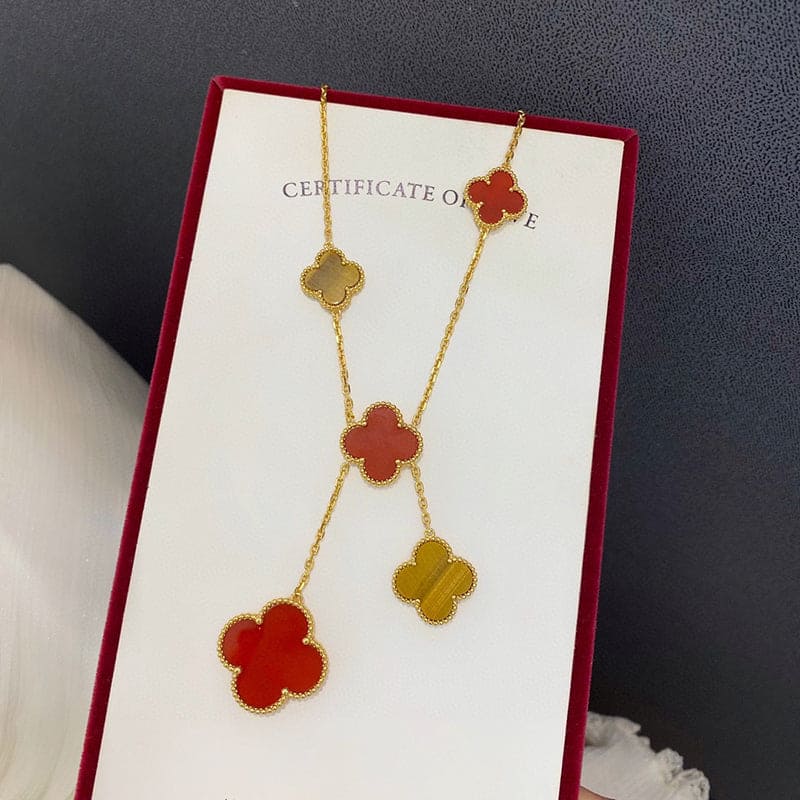 18K Celestial Magic Alhambra Six Motifs Carnelian Clover Necklace