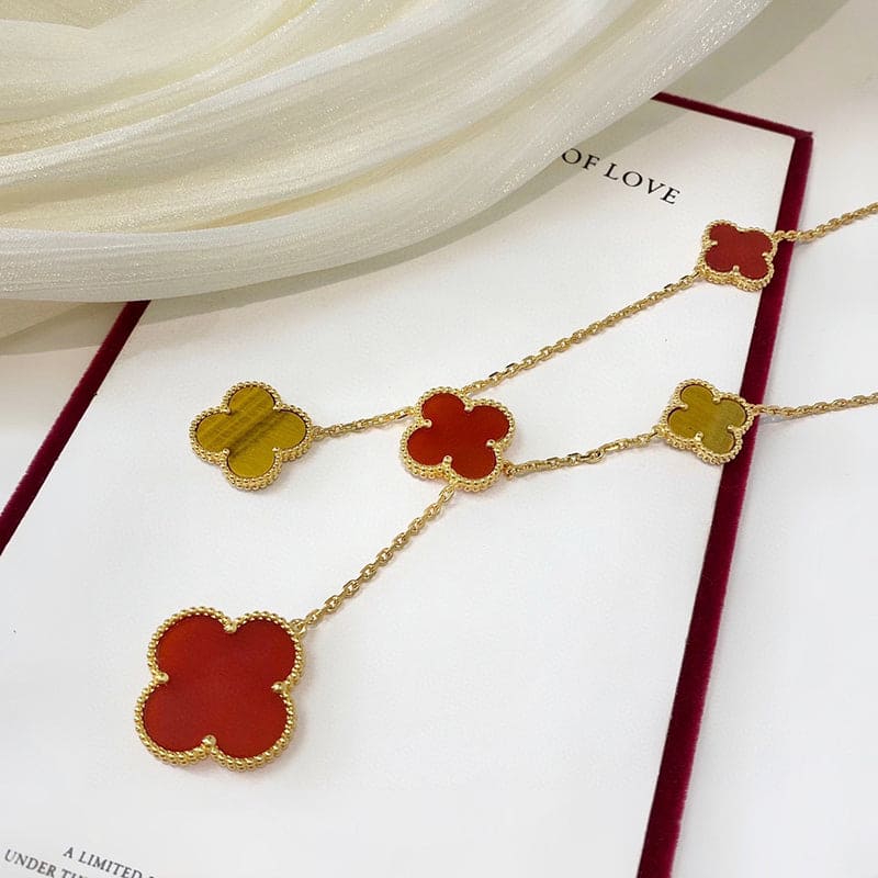 18K Celestial Magic Alhambra Six Motifs Carnelian Clover Necklace