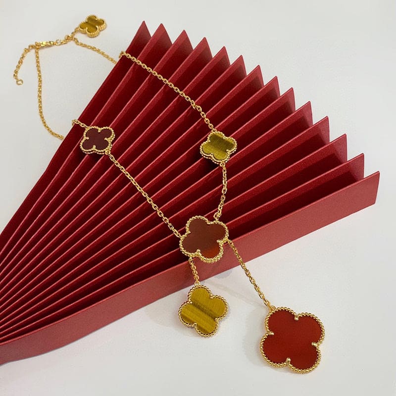 18K Celestial Magic Alhambra Six Motifs Carnelian Clover Necklace