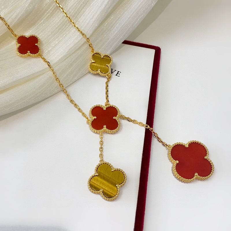 18K Celestial Magic Alhambra Six Motifs Carnelian Clover Necklace