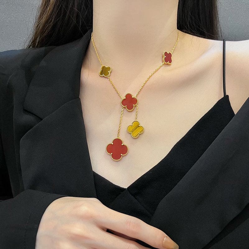 18K Celestial Magic Alhambra Six Motifs Carnelian Clover Necklace