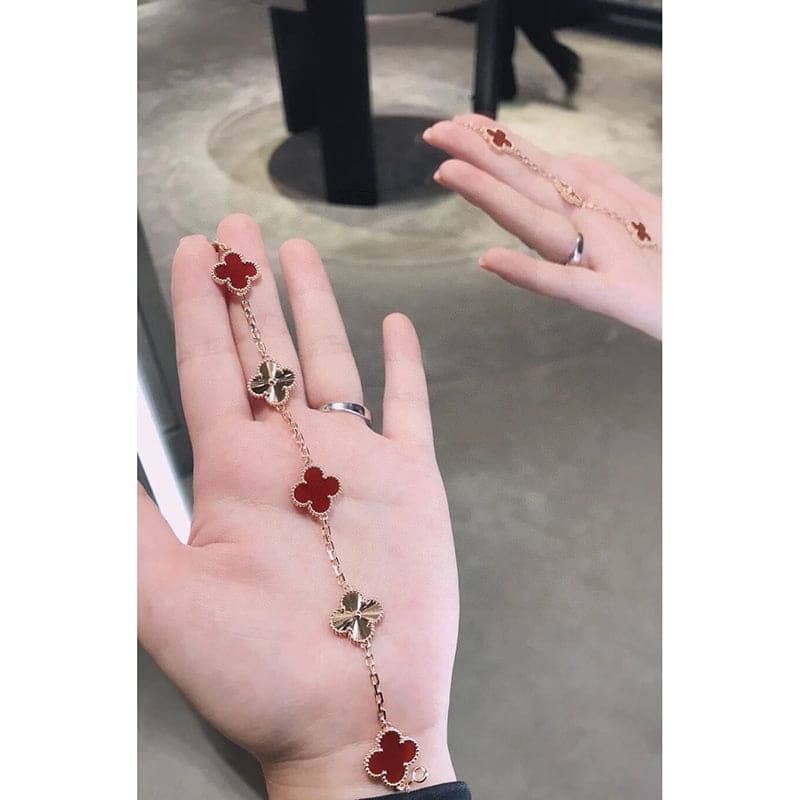 18K Celestial Vintage Alhambra Five Motifs Carnelian Clover Bracelet