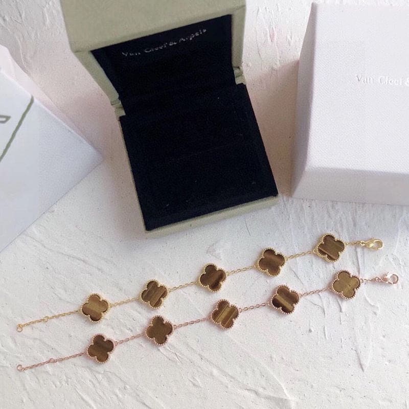 18K Celestial Vintage Alhambra Five Motifs Tiger Eye Bracelet