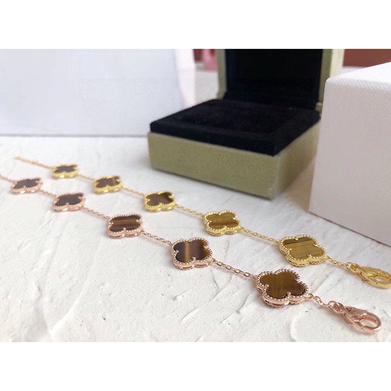 18K Celestial Vintage Alhambra Five Motifs Tiger Eye Bracelet