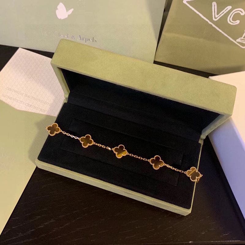 18K Celestial Vintage Alhambra Five Motifs Tiger Eye Bracelet