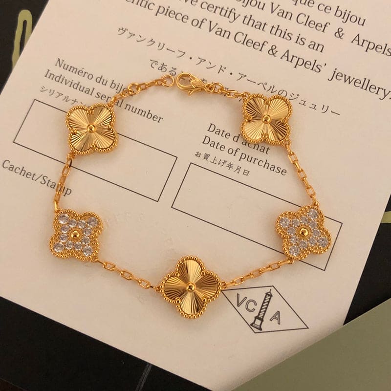 18K Celestial Vintage Alhambra Five Motifs Diamonds Clover Bracelet