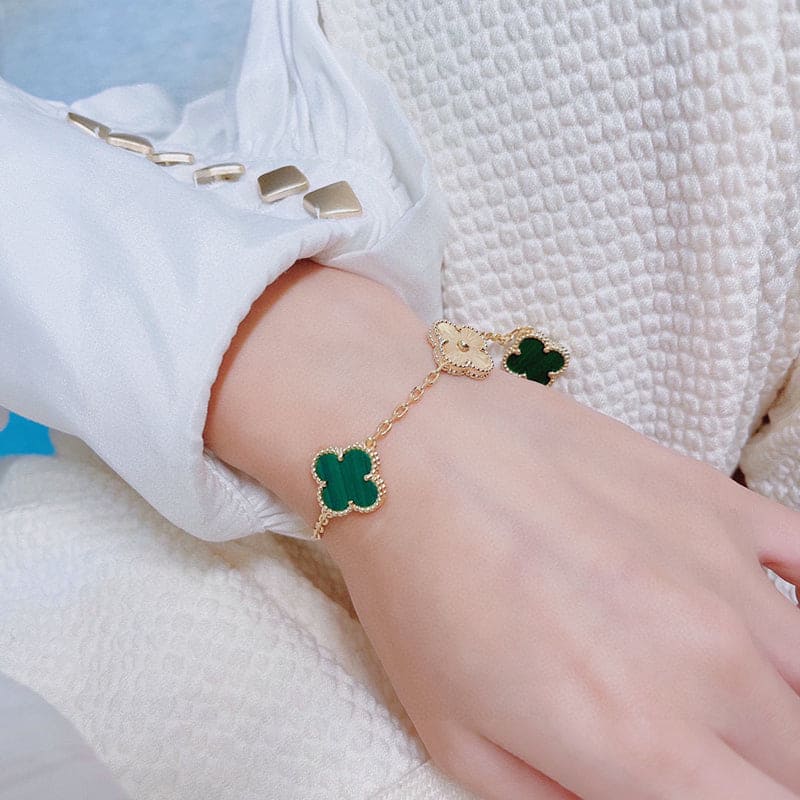 18K Celestial Vintage Alhambra Five Motifs Malachite Diamonds Clover Bracelet