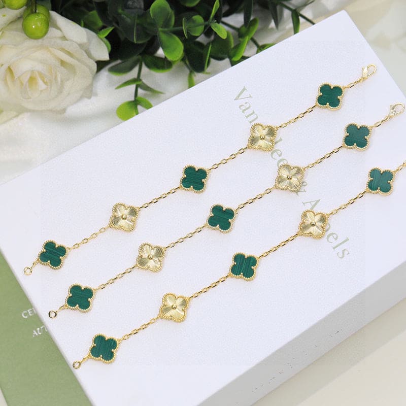 18K Celestial Vintage Alhambra Five Motifs Malachite Diamonds Clover Bracelet
