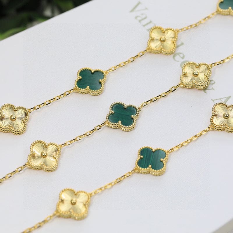 18K Celestial Vintage Alhambra Five Motifs Malachite Diamonds Clover Bracelet