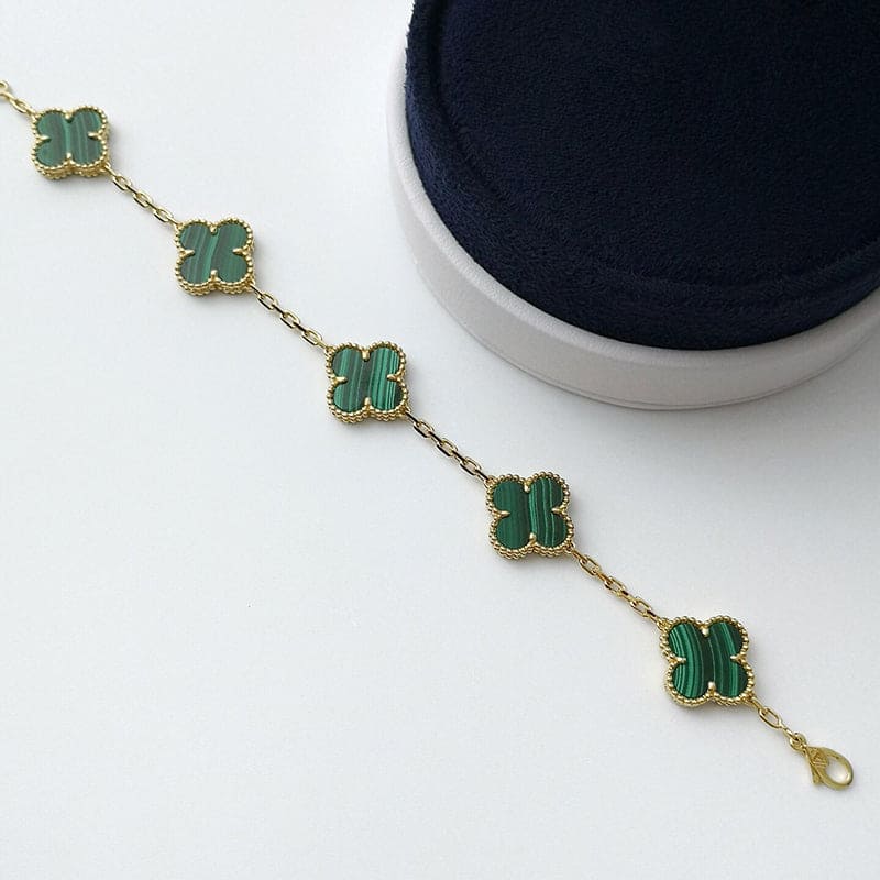 18K Celestial Vintage Alhambra Five Motifs Malachite Clover Bracelet