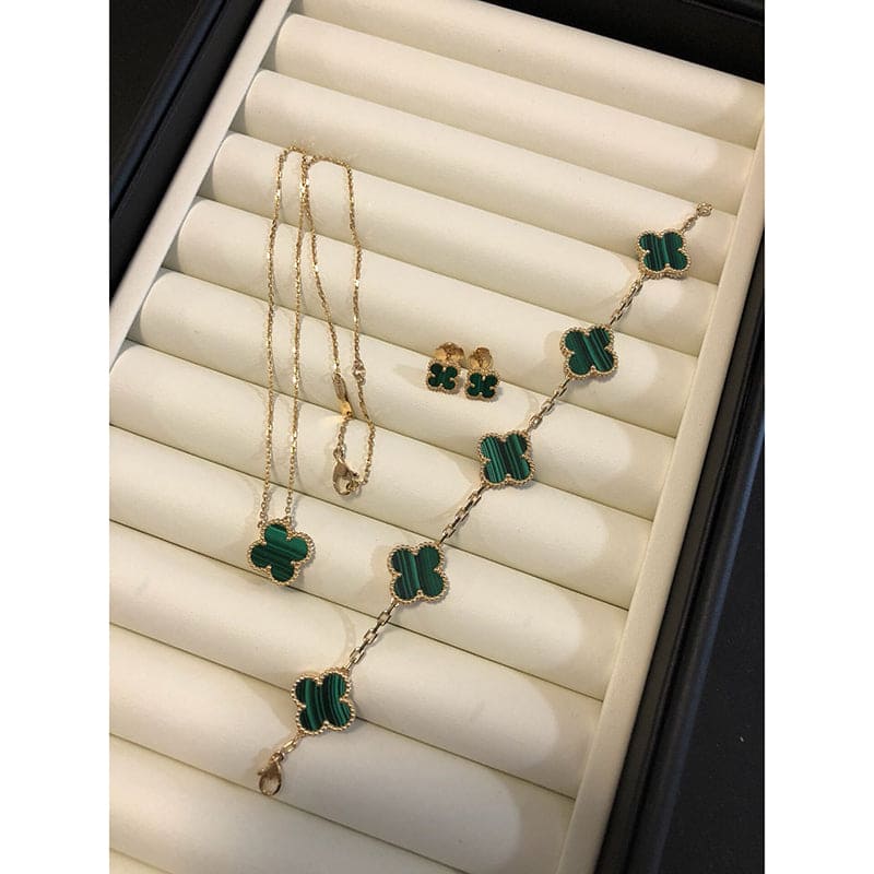 18K Celestial Vintage Alhambra Five Motifs Malachite Clover Bracelet