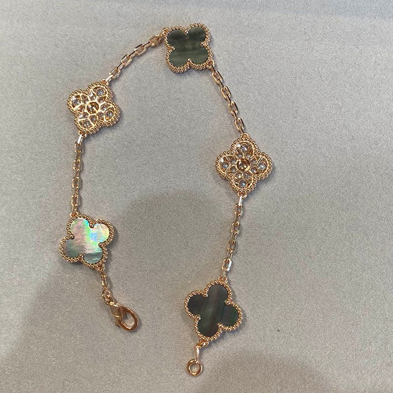 18K Celestial Vintage Alhambra Five Motifs Pearl Bracelet