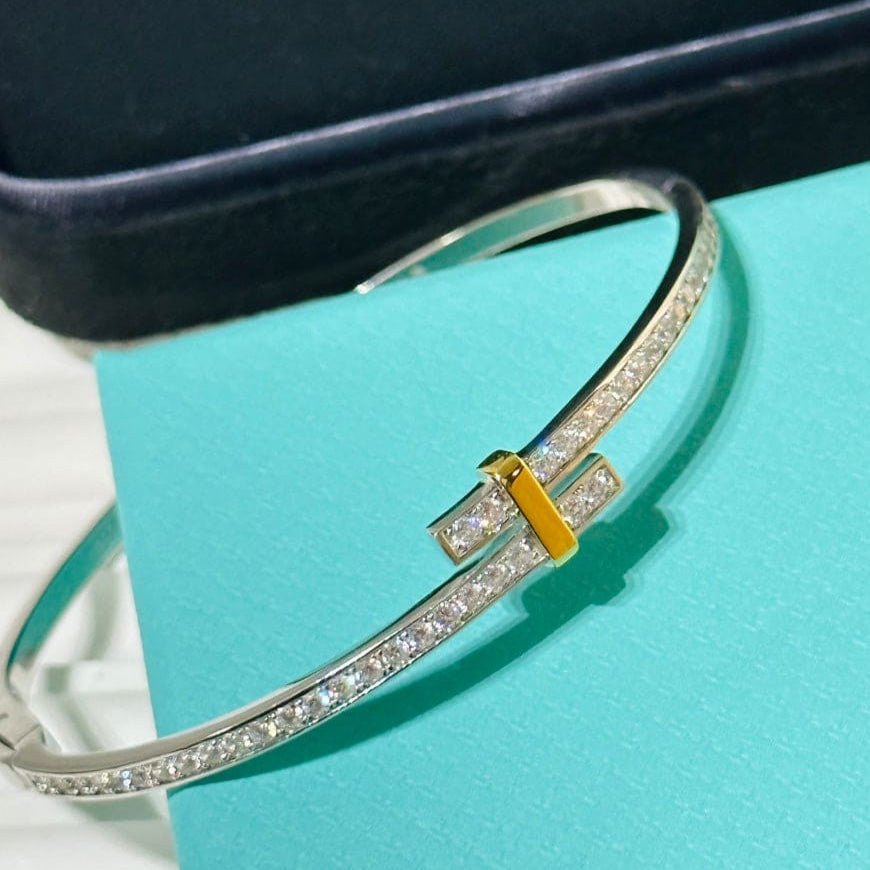 18K Celestial T Edge Hinged Bypass Bangle Bracelet
