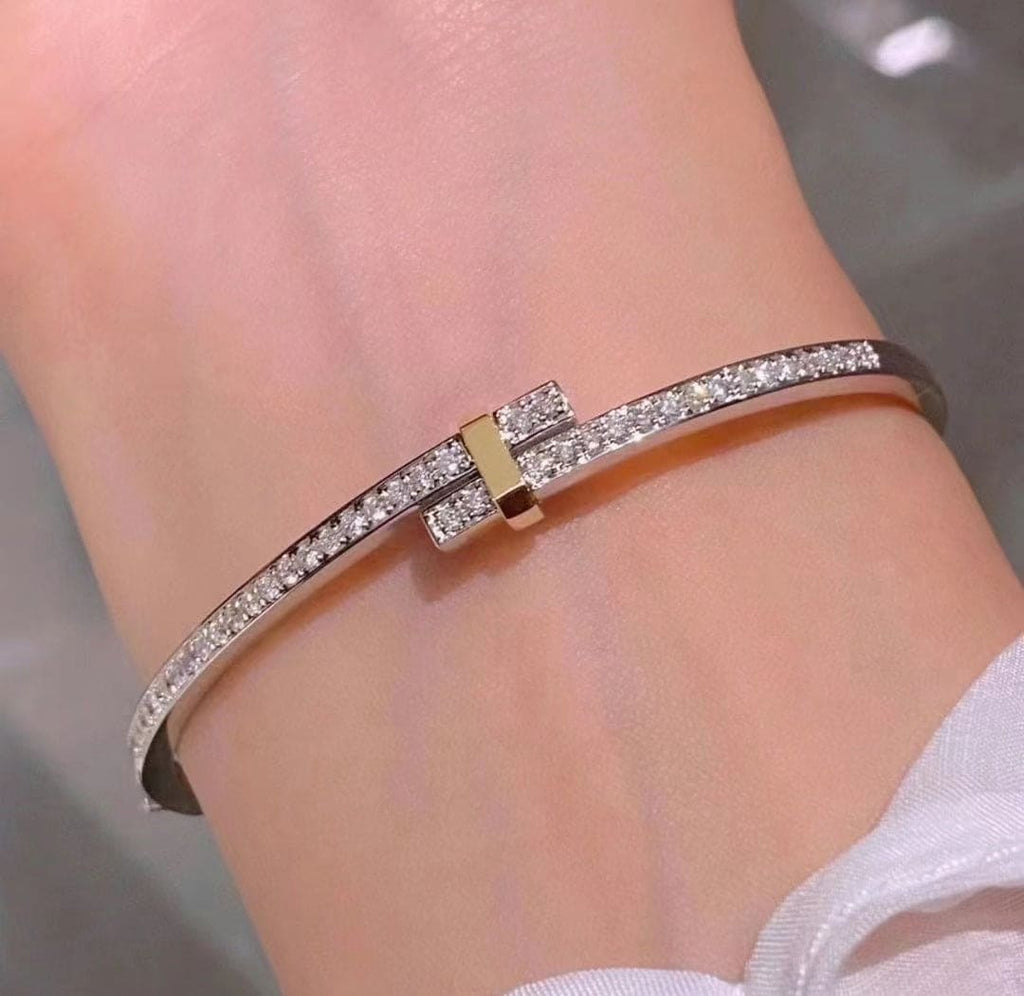 18K Celestial T Edge Hinged Bypass Bangle Bracelet