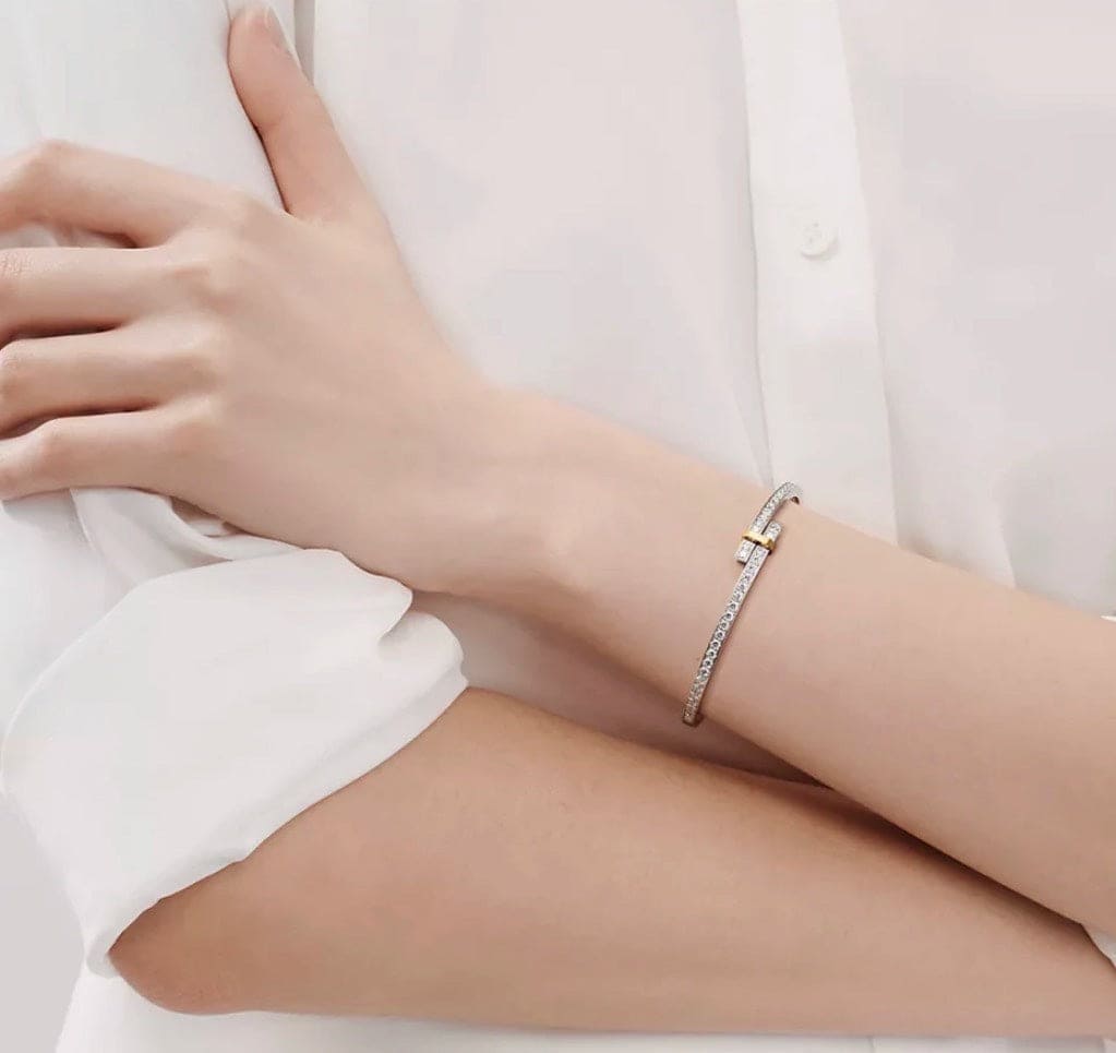 18K Celestial T Edge Hinged Bypass Bangle Bracelet