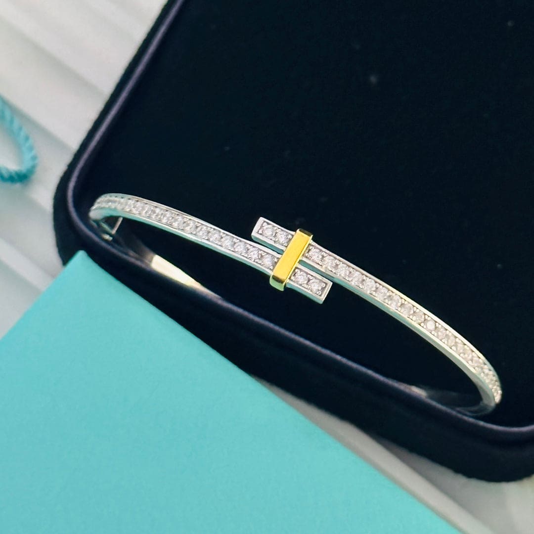 18K Celestial T Edge Hinged Bypass Bangle Bracelet