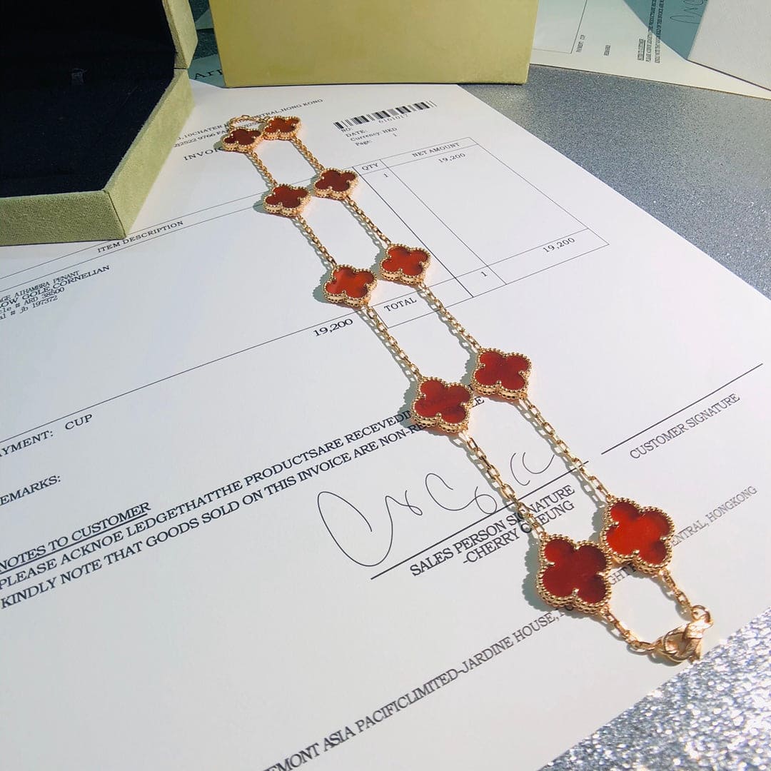 18K Celestial Vintage Alhambra Carnelian 10 Motifs Necklace