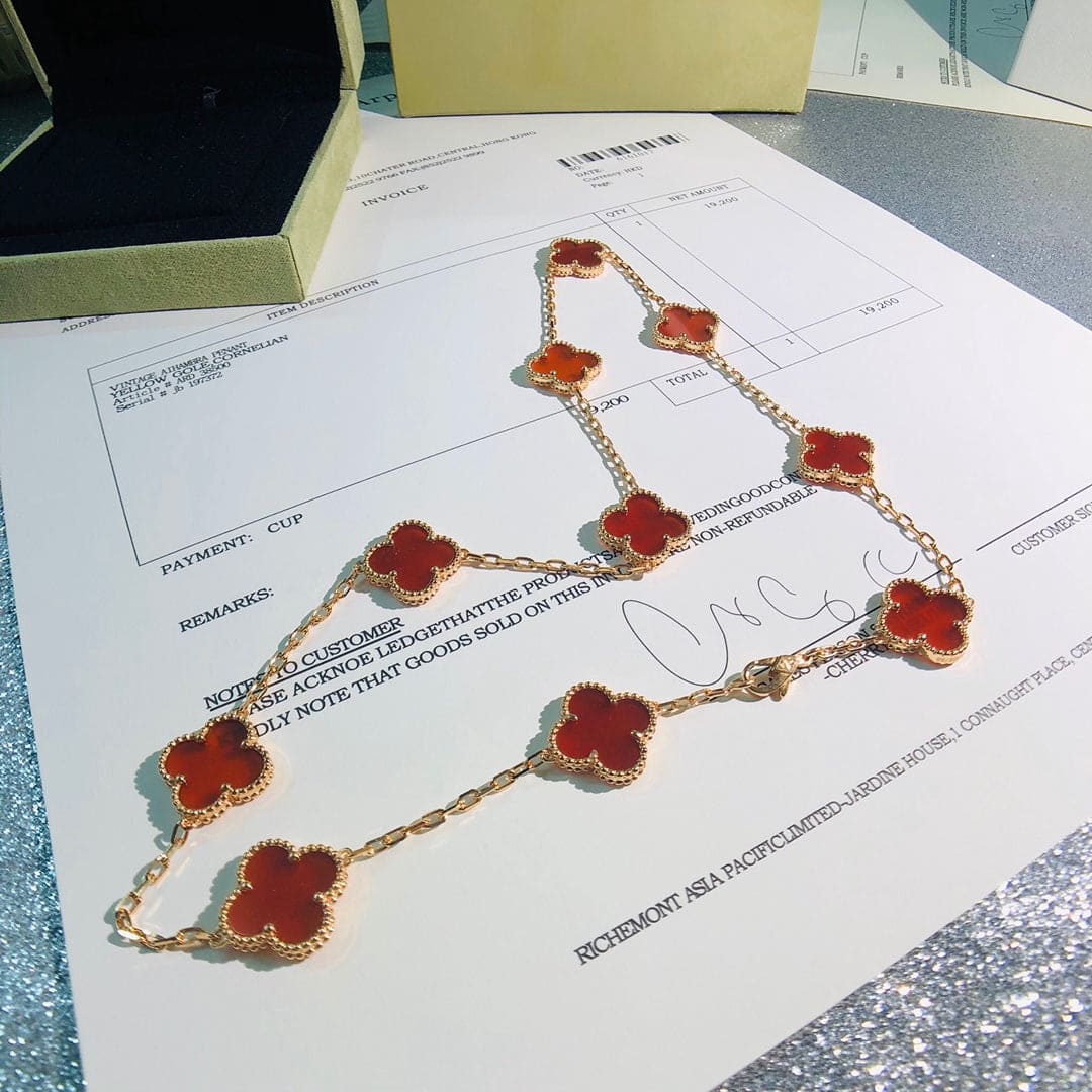 18K Celestial Vintage Alhambra Carnelian 10 Motifs Necklace