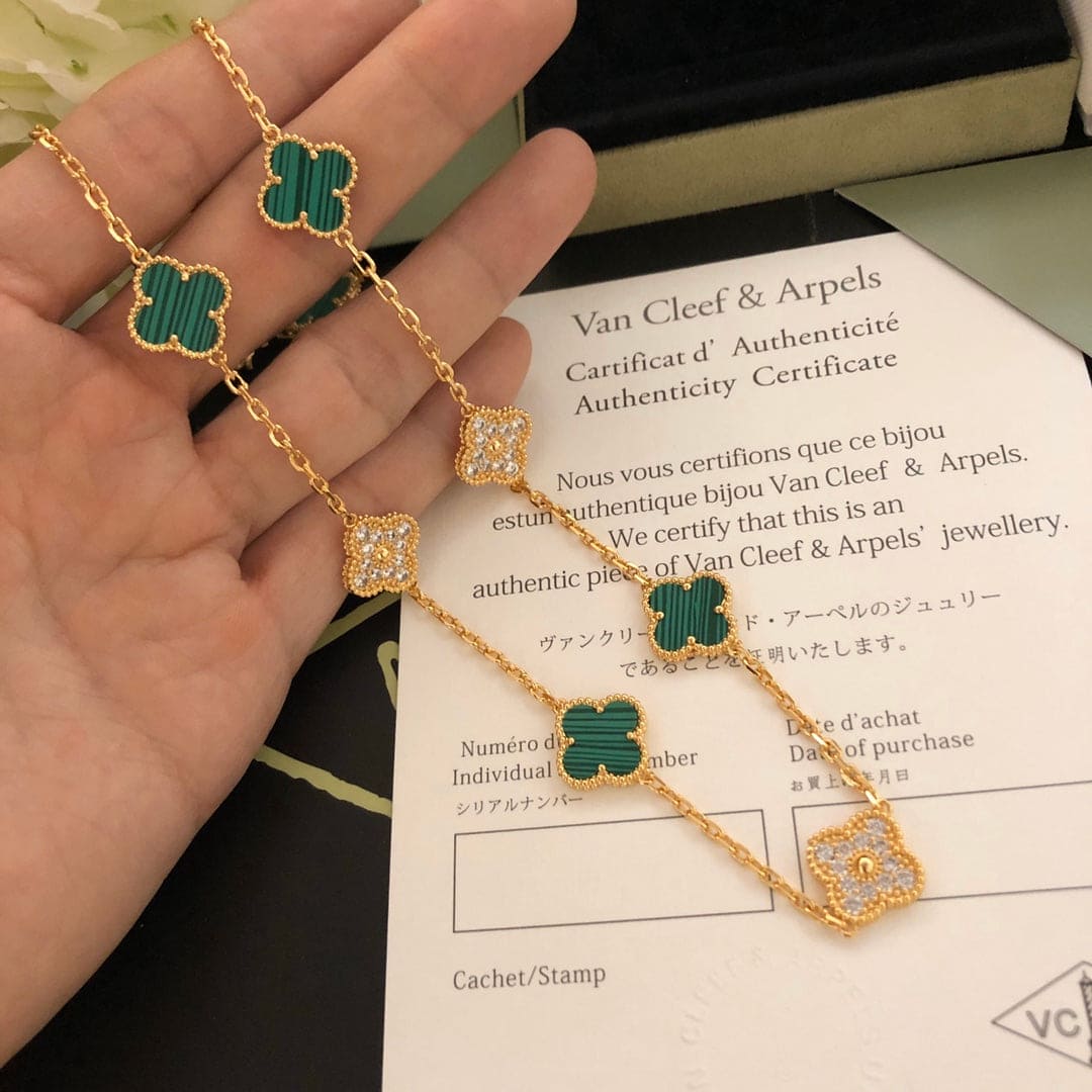 18K Celestial Vintage Alhambra Malachite Diamonds 10 Motifs Necklace