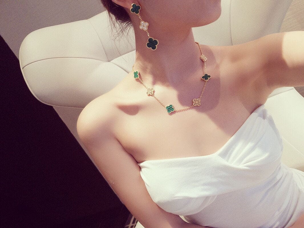 18K Celestial Vintage Alhambra Malachite Diamonds 10 Motifs Necklace