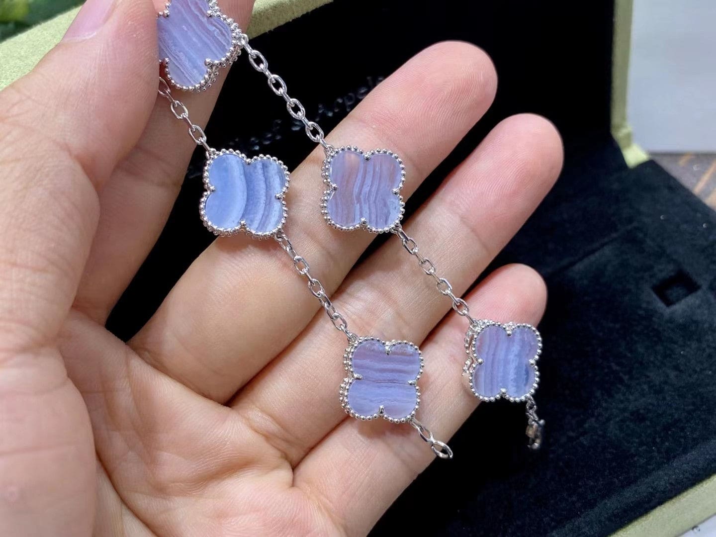 18K Celestial Vintage Alhambra Chalcedony 10 Motifs Necklace