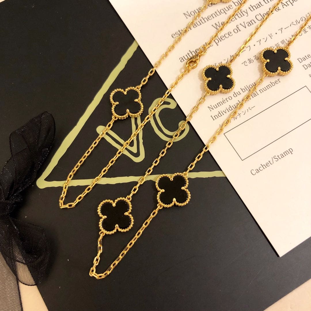18K Celestial Vintage Alhambra Black 10 Motifs Clover Necklace