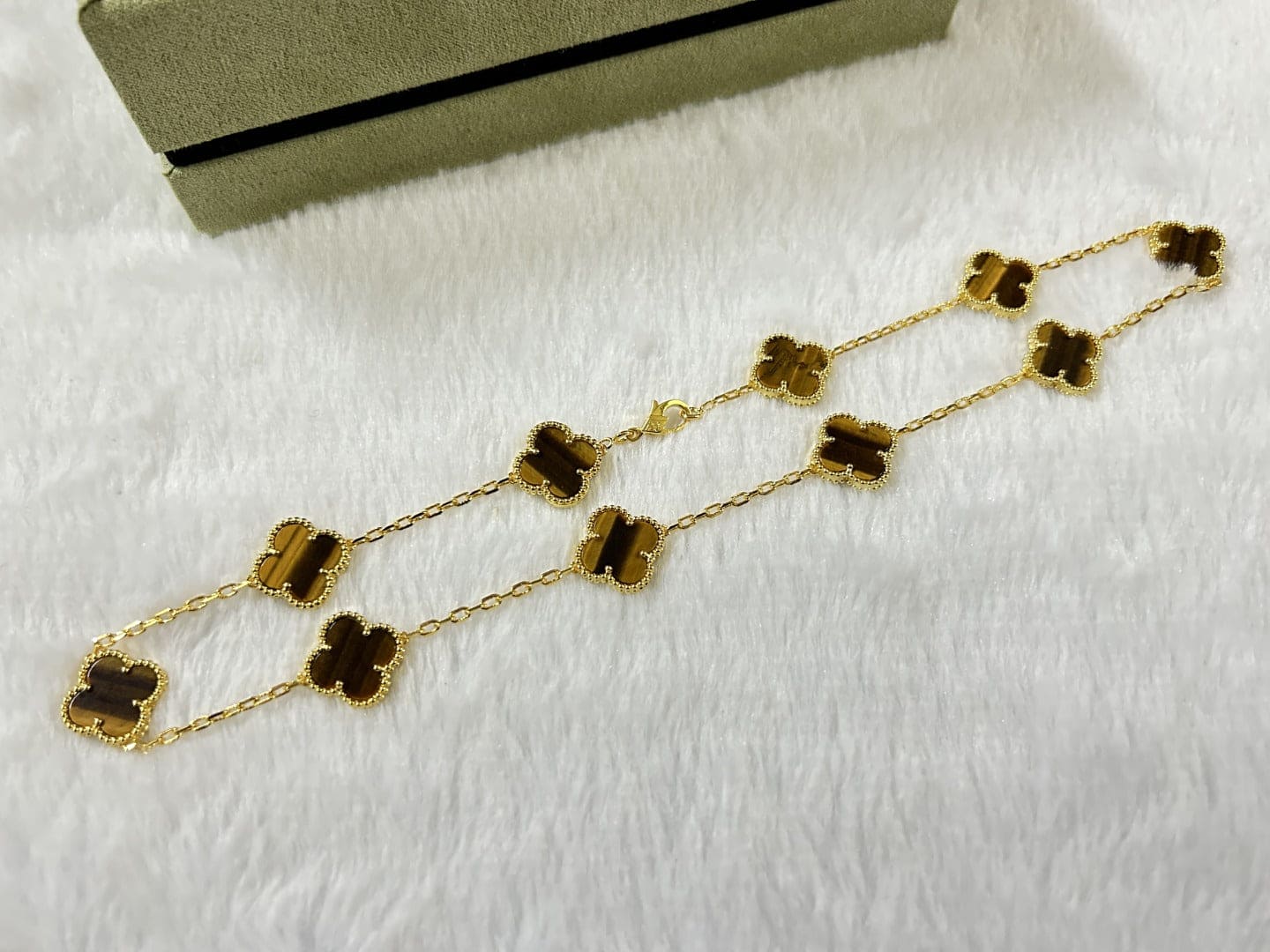 18K Celestial Vintage Alhambra Tiger Eye 10 Motifs Necklace