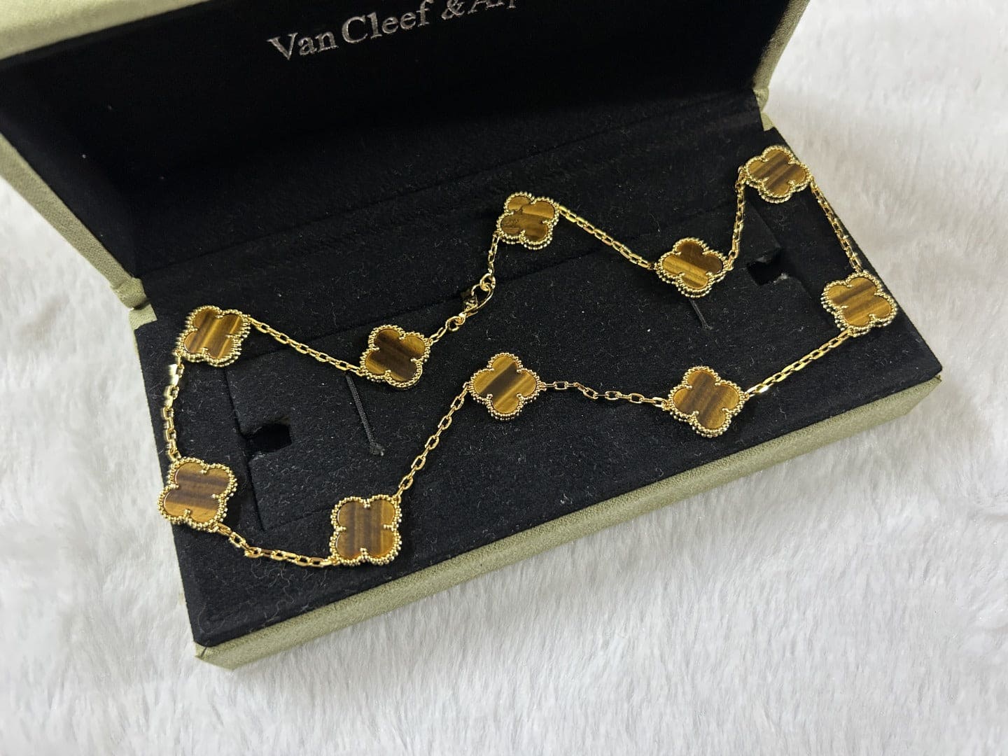 18K Celestial Vintage Alhambra Tiger Eye 10 Motifs Necklace