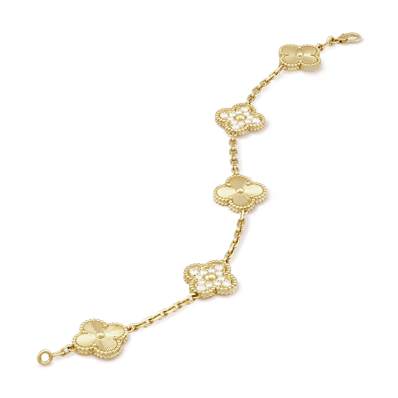 18K Celestial Vintage Alhambra Five Motifs Diamonds Clover Bracelet