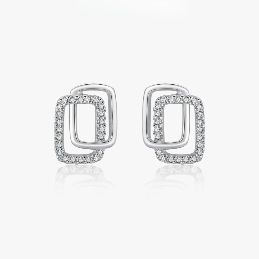 Modern Double Geometric CZ Earrings – 925 Sterling Silver