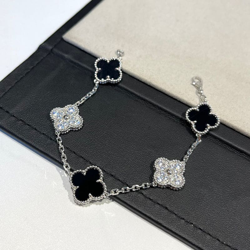 18K Celestial Vintage Alhambra Five Motifs Black Diamonds Clover Bracelet