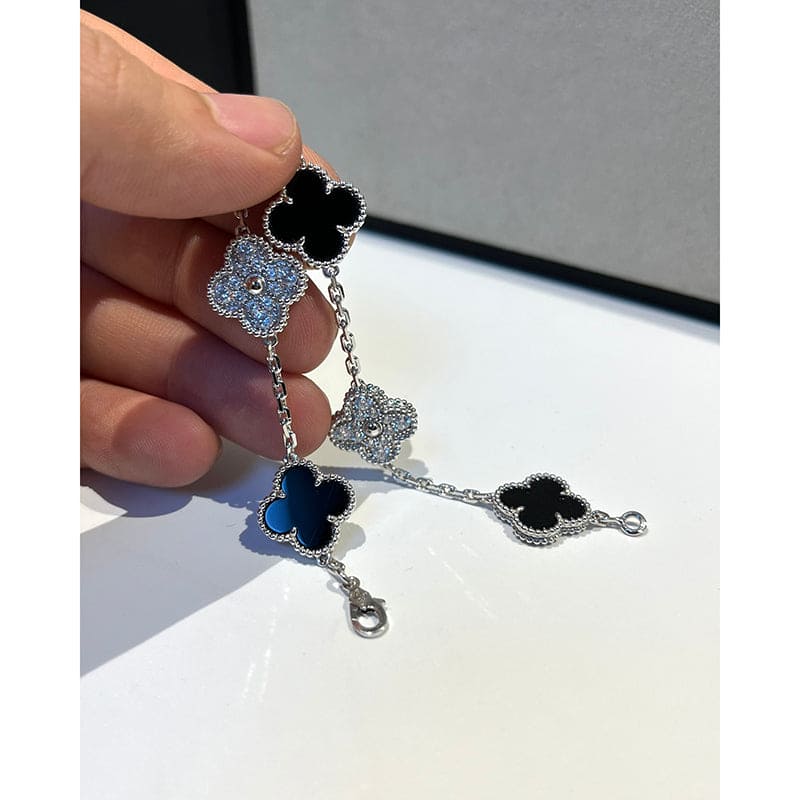 18K Celestial Vintage Alhambra Five Motifs Black Diamonds Clover Bracelet
