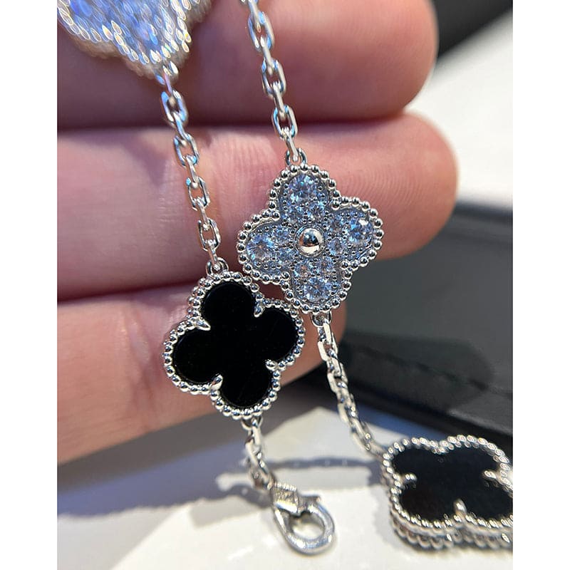 18K Celestial Vintage Alhambra Five Motifs Black Diamonds Clover Bracelet