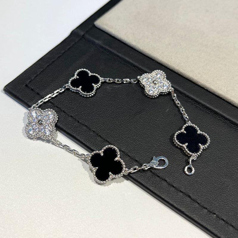 18K Celestial Vintage Alhambra Five Motifs Black Diamonds Clover Bracelet