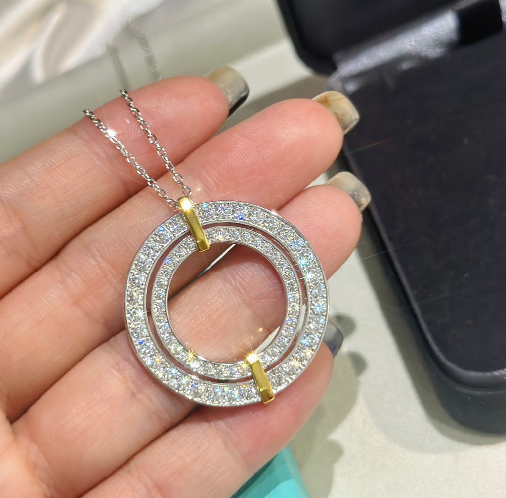 18K Celestial T Edge Circle Diamond Pendant Necklace