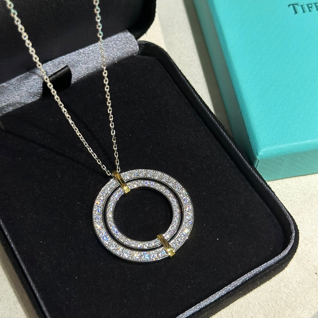 18K Celestial T Edge Circle Diamond Pendant Necklace