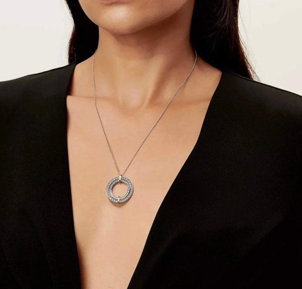18K Celestial T Edge Circle Diamond Pendant Necklace