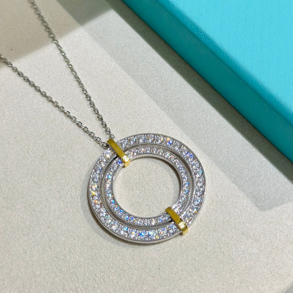 18K Celestial T Edge Circle Diamond Pendant Necklace