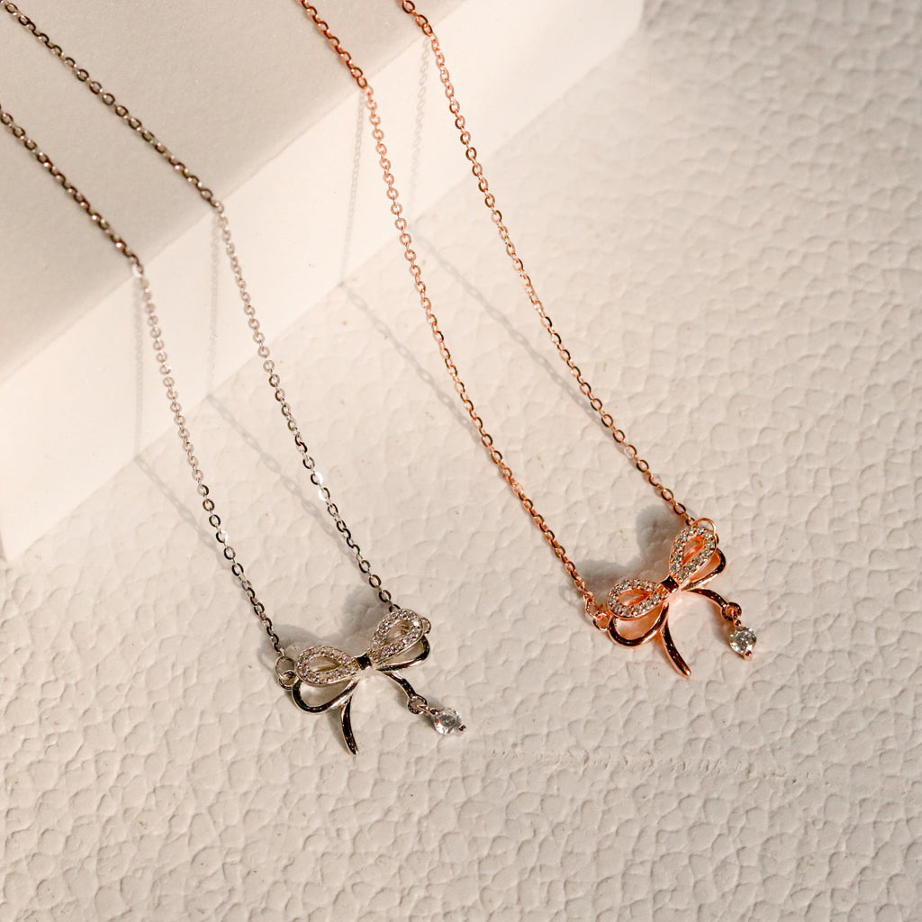 ELVORIA Tiny Bow Ahri Necklace – 18K Rose Gold & Platinum Plated 925 Sterling Silver