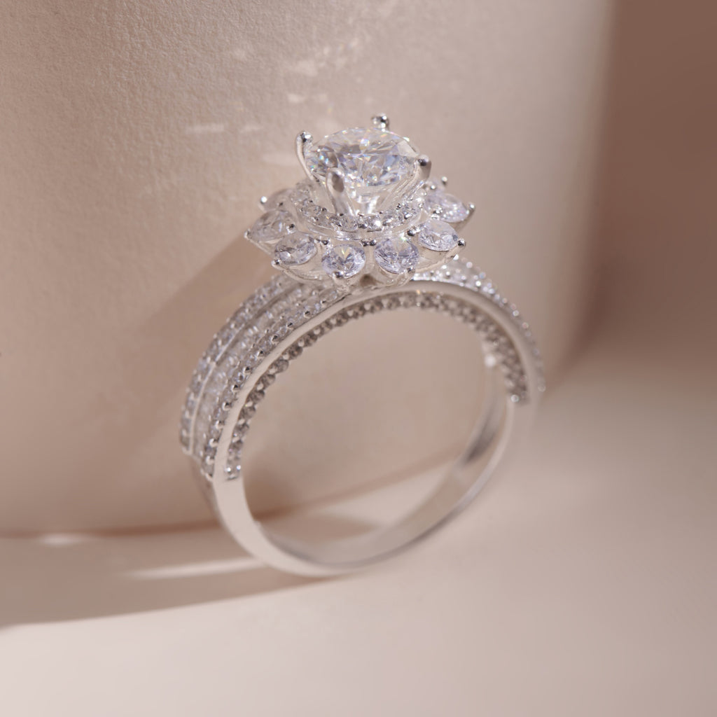 ELVORIA 7mm Moissanite Floral Setting Ring GRA ELVDA04 – Platinum Plated 925 Sterling Silver