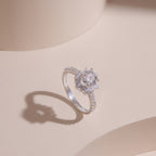 ELVORIA 6mm Moissanite Ten-Petal Flower Ring GRA ELVDA05 – Platinum Plated 925 Sterling Silver