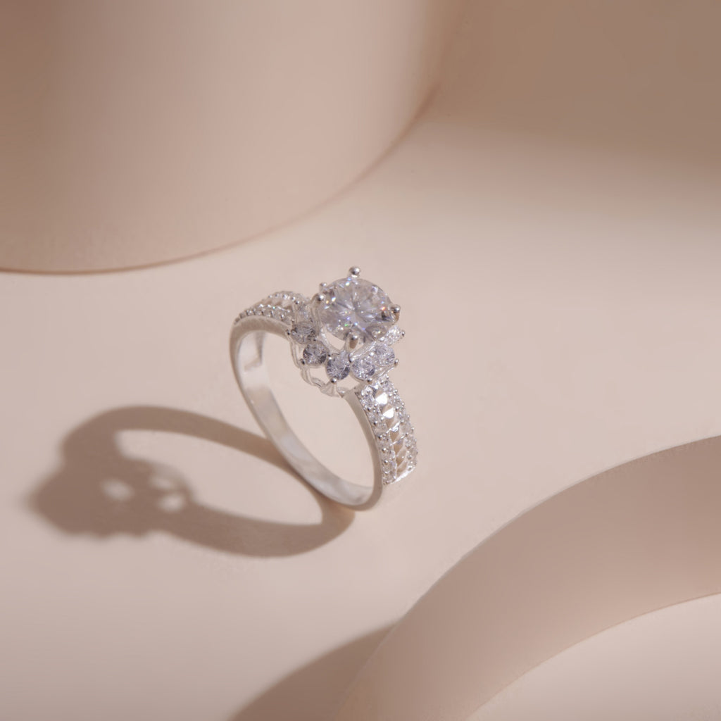 ELVORIA 6mm Moissanite Flower Ring GRA ELVDA07– Platinum Plated 925 Sterling Silver