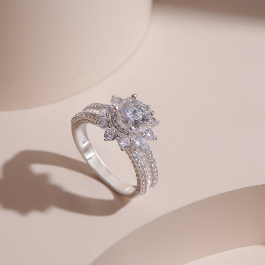 ELVORIA 7mm Moissanite Floral Setting Ring GRA ELVDA04 – Platinum Plated 925 Sterling Silver